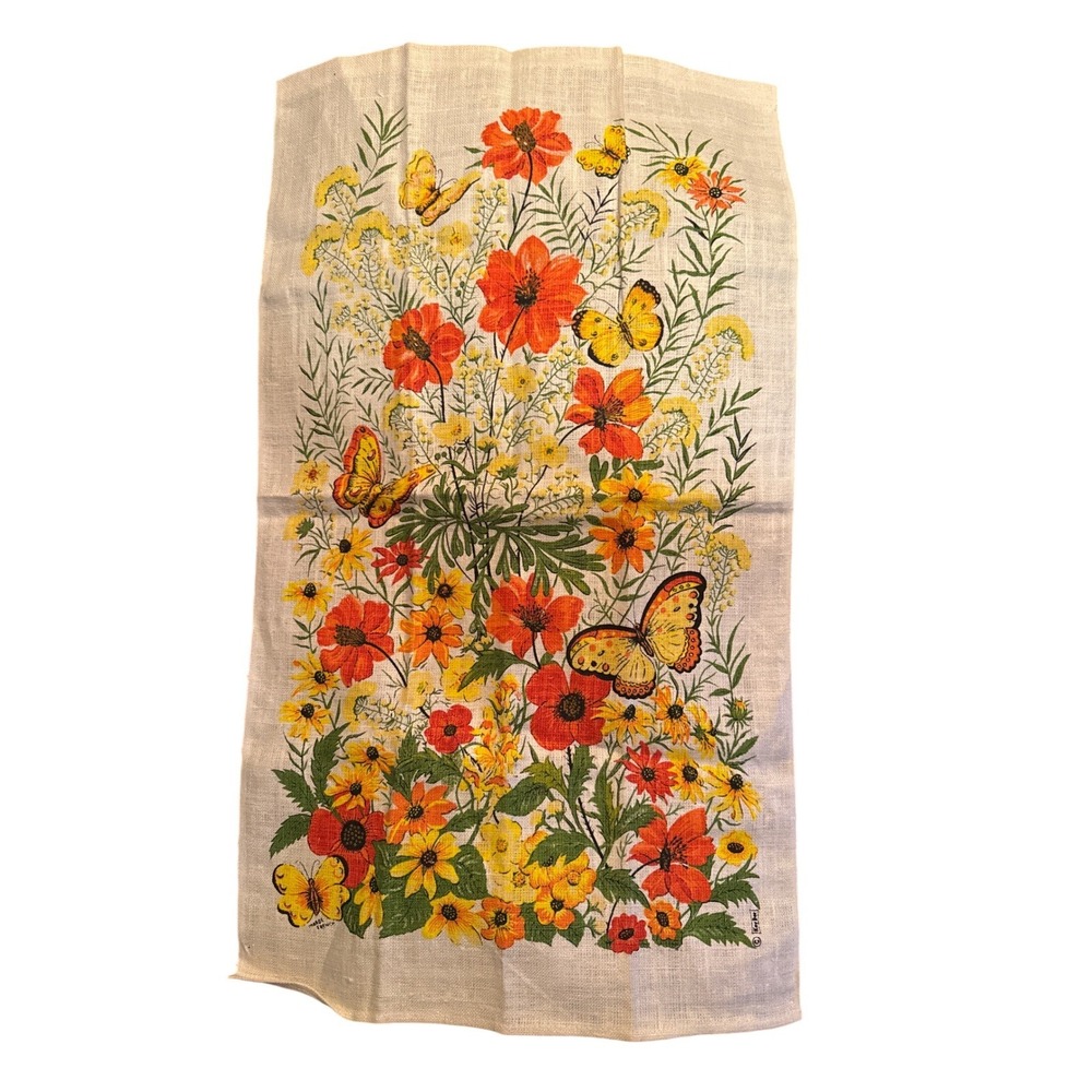 Kay Dee Vtg Style Linen Tea Towel Marge French Floral Butterfly Orange Yellow